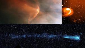產生日光層的條件，即向外推的恒星風和向內推的星際氣體達到平衡，這種現象如此普遍，也許大多數恒星具有類似的結構，稱為astrosphere。圖中顯示各種望遠鏡拍攝的三個這樣的astrosphere照片。（NASA/ESA/JPL-Caltech）