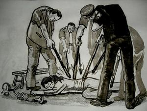 中共酷刑示意圖：多根電棍電擊
