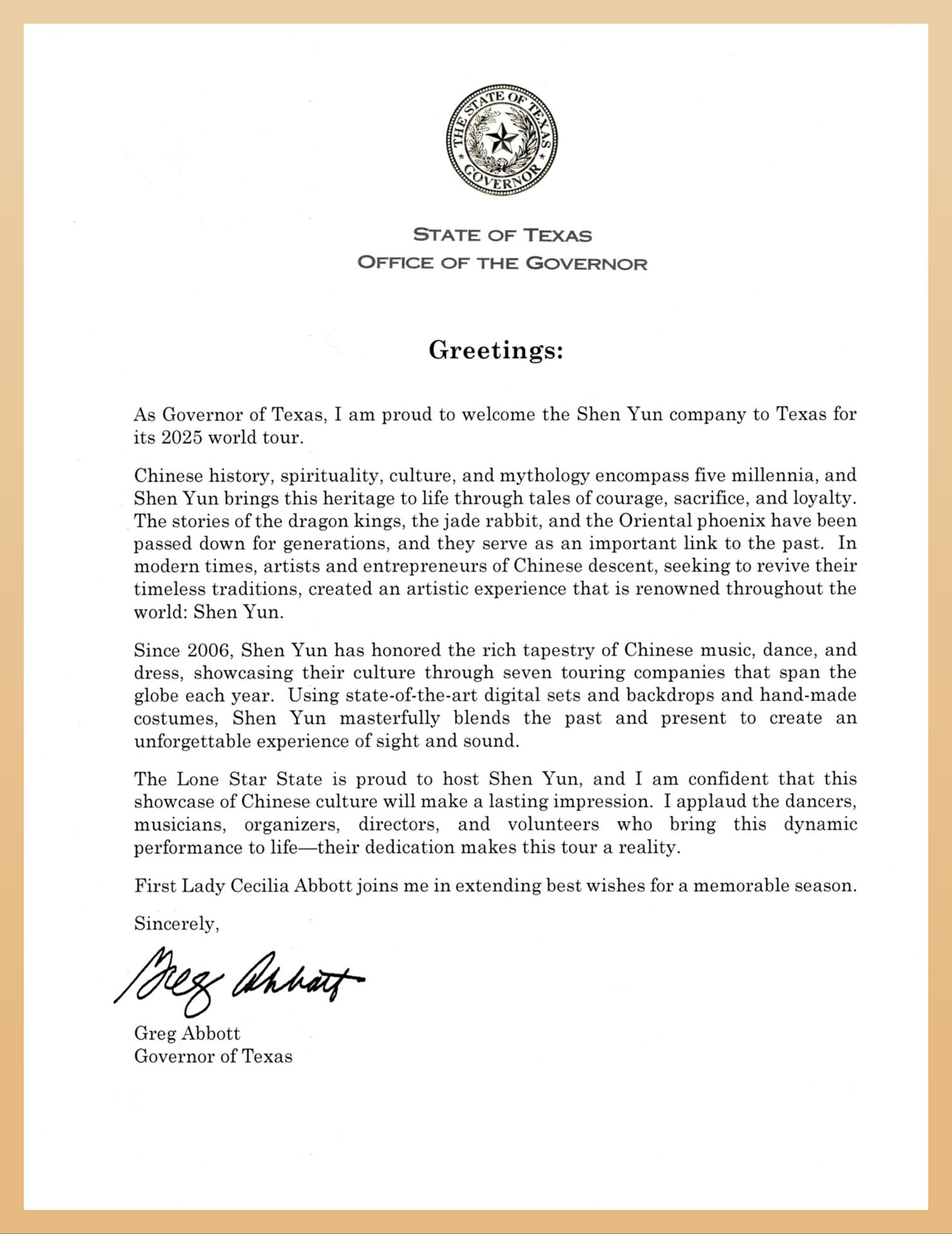 德州州长格雷格·艾伯特（Greg Abbott）给神韵德州主办方发去贺信，欢迎神韵莅临德州巡回演出。
